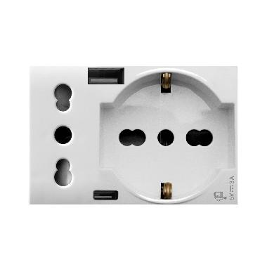 Presa schuko bipasso+presa std italiano+USB tipo A e C. Domus S44. colore RAL 9010.  2P+T 10/16A 250V  finitura lucida  3 Mod. product photo Photo 01 3XL