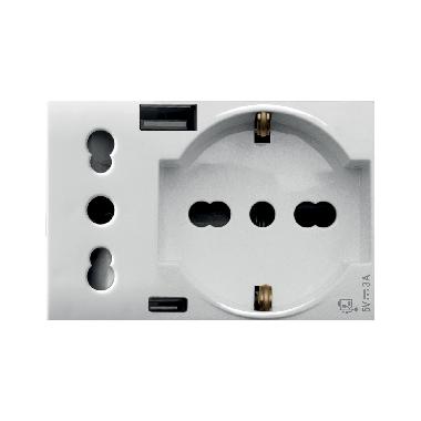 PRESA SCHUKO BIPASSO+PRESA STD ITALIANO+USB TIPO A E C. WHITEK S44. COLORE BIANCO.  2P+T 10/16A 250V  FINITURA OPACA  3 MOD. product photo Photo 01 3XL