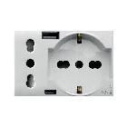 PRESA SCHUKO BIPASSO+PRESA STD ITALIANO+USB TIPO A E C. WHITEK S44. COLORE BIANCO.  2P+T 10/16A 250V  FINITURA OPACA  3 MOD. product photo