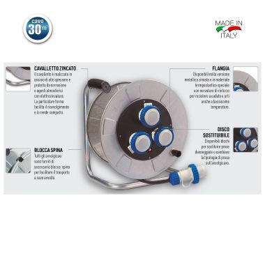 Avvolgicavo 30m 3G2,5 H07RN-F, 3 prese CEE, con disgiuntore, IP55, zincato product photo Photo 02 3XL