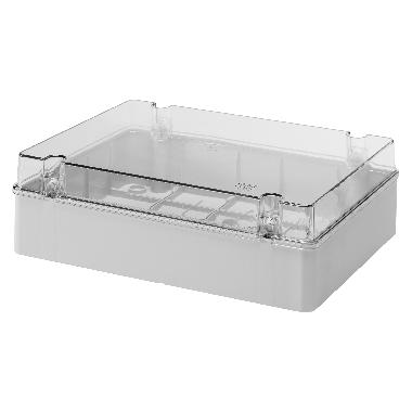 CASSETTA DI DERIVAZIONE E PER APPARECCHIATURE ELETTRICHE ED ELETTRONICHE-COPERCHIO BASSO TRASPARENTE-IP56-DIMENSIONI INTERNE 380X300X120-PARETI LISCE product photo Photo 01 3XL