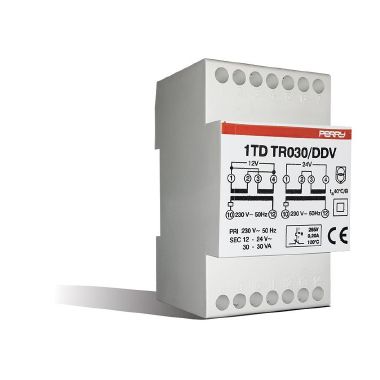 Trasformatore 30VA per servizio continuo uscite 12-12-24V 3DIN, montaggio a retroquadro IP40 product photo Photo 01 3XL