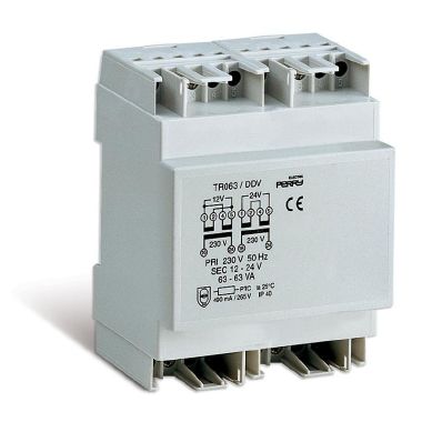 Trasformatore 63VA per servizio continuo uscite 12-12-24V 3DIN, montaggio a retroquadro IP40 product photo Photo 01 3XL