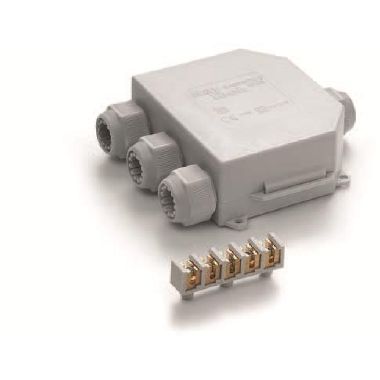 BABY BOX 3 - La cassetta di giunzione a 4 ingressi pre-riempita in gel, completa di morsettiera integrata e pressacavi per cavi pentapolari fino a 18 mm o tubi diametro 16 o 20 mm. product photo Photo 01 3XL