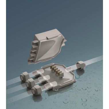 BABY BOX 3 - La cassetta di giunzione a 4 ingressi pre-riempita in gel, completa di morsettiera integrata e pressacavi per cavi pentapolari fino a 18 mm o tubi diametro 16 o 20 mm. product photo Photo 02 3XL