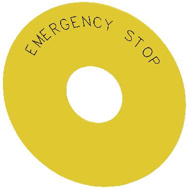 Targhetta con dicitura rotonda per pulsante a fungo di ARRESTO DI EMERGENZA, colore giallo, iscrizione: Emergency Stop product photo Photo 01 3XL