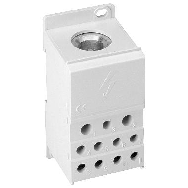 Blocco distributore a 1 polo, 400A, 690V ingresso: 1x 95-185mm2 uscita: 2x2,5-25+5x 2,5-16+4x 2,5-10mm2 per montaggio su guida DIN product photo Photo 01 3XL
