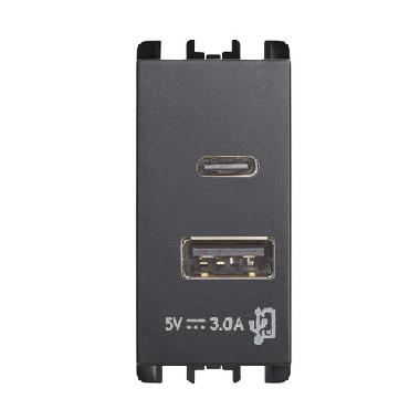 Unità di alimentazione con due uscite USB Tipo 'A' e Tipo 'C', 1 modulo, 5V 3.0A, 100-230V, Nea, antracite product photo Photo 01 3XL
